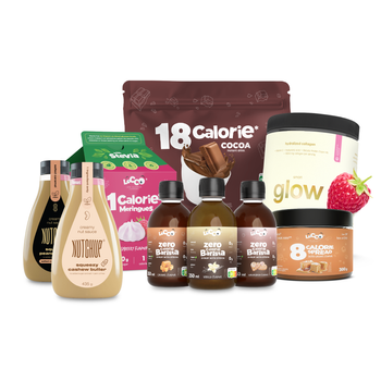 Golden Deal Set: Salted Caramel Spread 300g, Barista syrup 3x250 ml, Raspberry Collagen 270g, Chocolate Cocoa 200g, Salted caramel Nutchup 435g, Cashew Nutchup 435g, Raspberry Meringues 28g